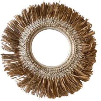 Raffia mirror with shell decoration